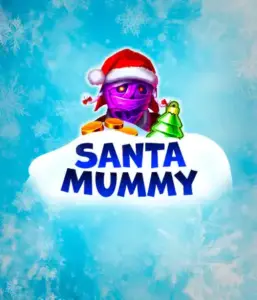  Discover the quirky "Santa Mummy" slot game by Belatra, featuring a Santa-clad mummy decked out in festive holiday attire. This eye-catching image presents the mummy with a bright purple hue, wearing a Santa hat, amid snowy blue and icy snowflakes. The game's title, "Santa Mummy," is prominently displayed in large, cool blue letters.